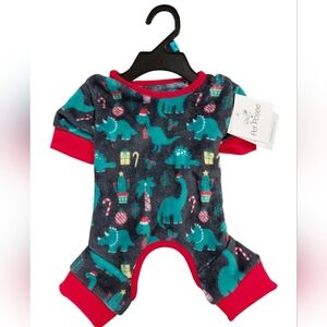 Pet Posse XS Dog Or Cat Payamas Holidays Dinosaur Print Fleece Grey Red Green